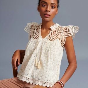 Anthropologie Blue Tassel Charlize Eyelet Lace Blouse